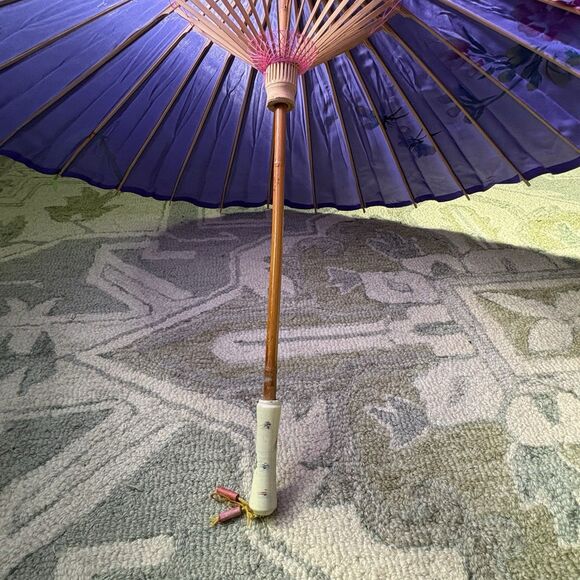 Vintage Hand Painted Japanese Chinese Bamboo Wood Umbrella Parasol - Picture 8 of 9
